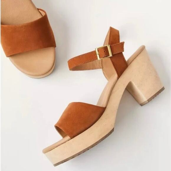 Ann Taylor LOFT Cognac Suede Leather Wooden Platform Clog Sandals Size 7.5 NIB - Picture 2 of 11